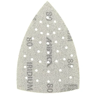 Imagen de Mirka Iridium Triángulo de lijado Premium Papel lija 100x152x152mm 36 agujeros Velcro Grano 80, 50 piezas / Para lijar barniz, masilla, imprimación, madera, acero, materiales minerales, plásticos