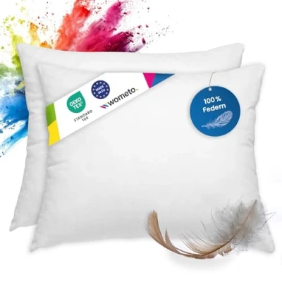 Imagen de wometo OekoTex Juego de 2 almohadas plumas (100% plumas, 40 x 50 450 g, funda algodón, unidades), color blanco