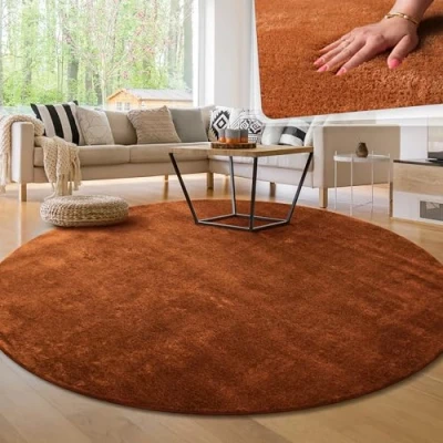 Imagen de Paco Home Alfombra Moderna y Suave para Salón a Pelo Corto Lavable Fluffy Uni Efecto Piel Intemporal Elegante Antideslizante Fácil de Limpiar, tamaño:Ø 160 cm Redon, Color:Cobre