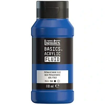 Imagen de Liquitex Basics Fluid Pintura acrílica de consistencia fluida, secado rápido, resistente a la luz, impermeable, acabado satinado permanente, bote 118 ml, azul ftalo