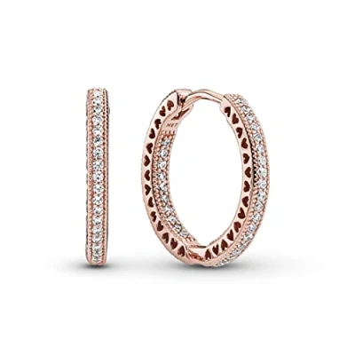 Imagen de PANDORA Signature Pendientes de aro centelleantes con corazones chapados en oro rosa 14 quilates circonitas cúbicas transparentes, 20 mm