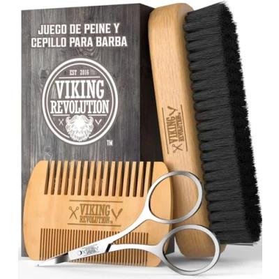 Imagen de Viking Revolution Set de Cepillo y Peine para Barba Regalos Hombre Navidad: Cerdas Jabalí Naturales Madera Doble Acción, Incluye Bolsa Viaje. Perfecto el Cuidado Bigote.