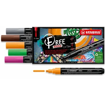 Imagen de Marcador acrílico STABILO FREE Acrylic T300 Estuche con 5 colores