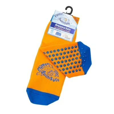 Imagen de Flipper Swimsafe 1051 Calcetines acuáticos con suela antideslizante en azul naranja, para niños y bebés, talla 19 22, ideales ir a la piscina sin preocupaciones