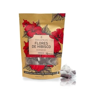 Imagen de FRISAFRAN Flores de hibisco Ecológico en Pirámides 15uds 30g Flor Jamaica Agua Infusión Té Reparación Piel Desintoxicación