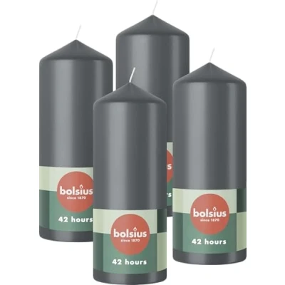 Imagen de Bolsius Pillar Candles Antracita Paquete de 4 velas decorativas para el hogar 15 x 6 cm, larga duración combustión 42 horas, sin perfume, cera vegana natural, aceite palma