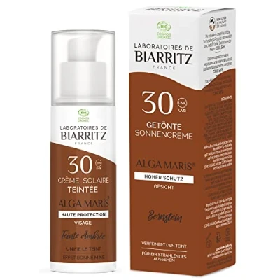 Imagen de Laboratoires de Biarritz Crema solar facial teñida Ámbar Certificado LSF30 ALGA MARIS® Orgánico Hidratado, mate, proporciona un brillo saludable 50 ml Fabricado en Francia