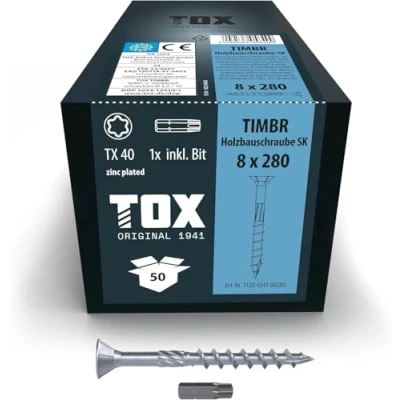 Imagen de TOX tornillos para construcción de madera TIMBR SK 8,0 x 280 mm, azul galvanizado con cabeza avellanada, TX40, 50 piezas por caja, incl. 1x broca, 1120404180280