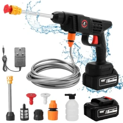 Imagen de Pistola de Agua a presión 50Bar, Hidrolimpiadora Alta Presion con Batería, Cargador y Manguera 5 m, Limpiador Bateria para Limpiar Coche, Terraza, Jardín (30000mah)