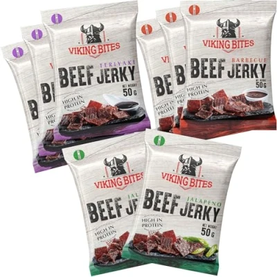 Imagen de Viking Bites Beef Jerky, envase mixto de 400 g (8 x 50 g) 3x Barbacoa, Teriyaki, 2x Jalapeño Cecina ternera Aperitivo carne Con un alto contenido proteínas