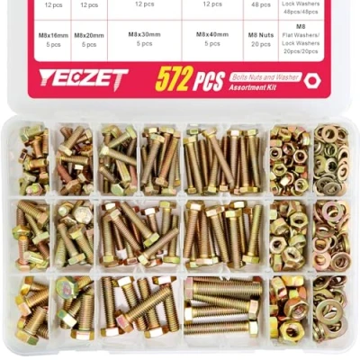 Imagen de YEEZET 572pcs Juego de Pernos y Tuercas, M5 M6 M8 Arandelas Tuercas Hexagonales, 13 Tamaños, Galvanizado Amarillo, Grado 8.8
