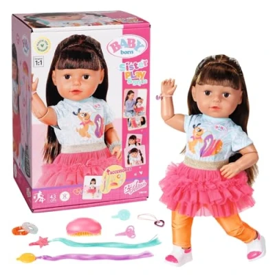 Imagen de BABY born Sister Play &amp; Style Morena 835401, Muñeca de 43 cm con cabeza y cuerpo flexibles, Incluye 7 funciones 10 accesorios, Adecuada para niños mayores 4 años