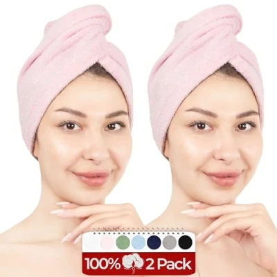Imagen de Hammetex Toallas de pelo 100% algodón para mujer, 2 unidades, mullidas y absorbentes rápidas, secado rápido, turbante con botón, color rosa
