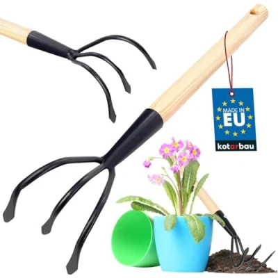 Imagen de KOTARBAU® Cultivador de Mano para jardín, Aireador Manual 3 Dientes curvos, Mango Madera Corto, Herramienta jardinería mullir y airear la Tierra, Garra Extirpador pequeño