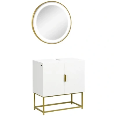 Imagen de kleankin Conjunto de Baño Juego Mueble para Debajo del Lavabo con Patas Acero y Espejo Luz LED Interruptor Táctil 60x30x65 cm Ø60x4 Blanco Dorado