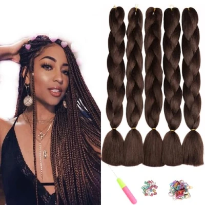 Imagen de ShowJarlly 5 Piezas Kanekalon Extensiones Pelo Sintetico Africanas Trenzas, 24&quot; Marrón, Trenzado de Cabello Para Ganchillo 4#