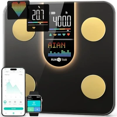 Imagen de Runstar báscula para peso corporal, inteligente con pantalla VA 8 en 1, digital de baño alta precisión frecuencia cardíaca, IMC, grasa aplicación