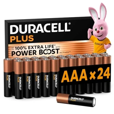 Imagen de DURACELL Plus Pilas AAA (Paquete de 24) alcalinas 1,5 VHasta un 150 % duración extra con activos POWER BOOSTFiabilidad para dispositivos cotidianosEnvase 0 plástico LR03 MN2400