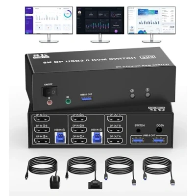Imagen de Displayport KVM Switch 2 ordenadores 3 monitores 8K@60Hz 4K @120Hz Conmutadores Tres para PC comparten y teclado ratón, con controlador de escritorio