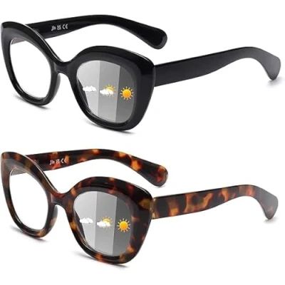 Imagen de JM 2 Pack Fotocromáticas Gafas de Lectura para Mujer Ojo Gato, con Bloqueo a Luz Azul Bisagra Resorte Negro &amp; Tortuga +2.0