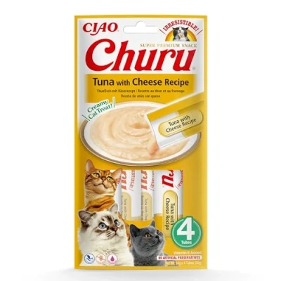 Imagen de INABA Churu Premios para Gatos Snacks Saludables Ternera y Queso Textura Cremosa Sin Cereales, Conservantes, Colorantes Sólo 6 Cal 4x14g (56g)