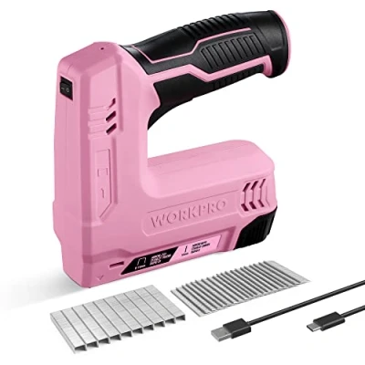 Imagen de WORKPRO grapadora inalámbrica (3,6 V, 2000 mAh, grapas, multifunción 2 en 1, compatible con clavos y grapas tipo 53, 8 para proyectos de bricolaje muebles, carpintería (rosa)