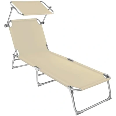 Imagen de TecTake® Tumbona Plegable con Toldo y Respaldo Regulables, Piscina Resistente a la Intemperie, Tumbonas Jardín Exterior Parasol, Playa Carga Máx. 110 kg, Fácil Transporte Beige