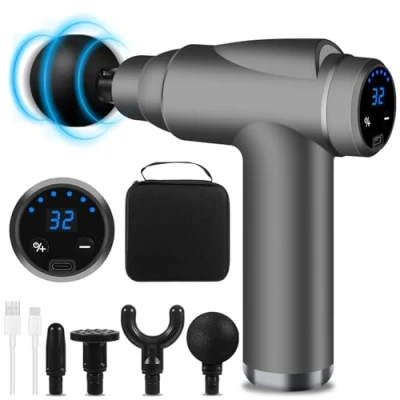 Imagen de BUOAZR Mini Pistola de Masaje Muscular, Masajeadora Muscular Tejido Profundo con 32 Niveles Ajustables, 4 Cabezales Masaje, Pantalla LCD y Carga Tipo C, para Aliviar el Dolor