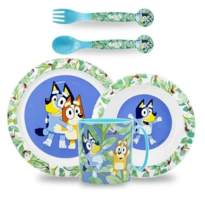 Imagen de Sorrisini Vajilla Infantil, reutilizable apta para microondas Juego de platos irrompibles plástico niños y bebés set plato, cuenco cereal, cubiertos taza 350ml Bluey