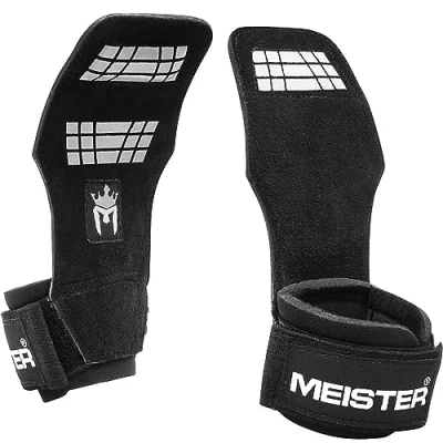Imagen de Meister Elite Leather Weight Lifting Grips w/Gel Padding (Pair) X Large Puños de Levantamiento Pesas, Unisex Adulto, Negro, L XL