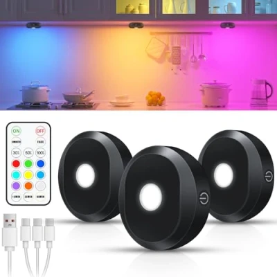 Imagen de WILLED RGB Led cocina bajo Mueble,Recargable Luces Pilas con Control Remoto，Regulable luz mueble Adhesivo Magnético para Cocina, Gabinete, Armario, Encimera, Paquete de 3