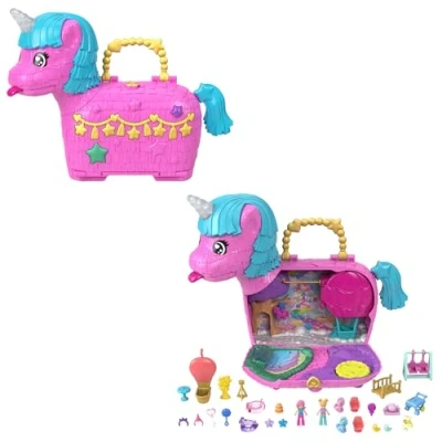 Imagen de Polly Pocket Estuche con Forma de piñata Partilandia Unicornios, 2 Mini muñecas y +25 Accesorios temática Fiesta, Juguete +4 años (HYD96)