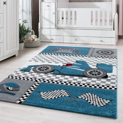 Imagen de Carpetsale24 Alfombra Infantiles, Color Azul, diseño de Coches Carreras, 3374, Rectangular, Alfombras habitación Infantil bebé, 120 x 170 cm