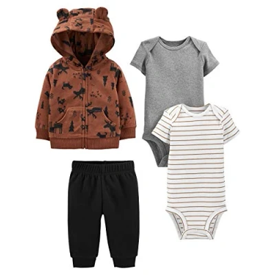Imagen de Simple Joys by Carter&#039;s Conjunto de Chaqueta, Pantalón y Body, 4 Piezas Bebé Niño, Blanco Rayas/Gris Mezcla/Marrón Reno/Negro, 0 meses