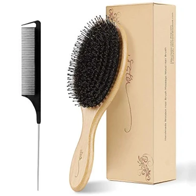 Imagen de cepillo de pelo cerdas jabalí antitirones paleta bambú natural con peine cola para cabello largo, grueso, rizado, ondulado, seco o dañado