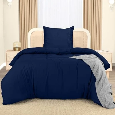 Imagen de Utopia Bedding Funda Nordica Cama 90 Microfibra Juego de Edredon 135x200 cm y 1 Bordado Almohada 80x80 (Azul Marino)