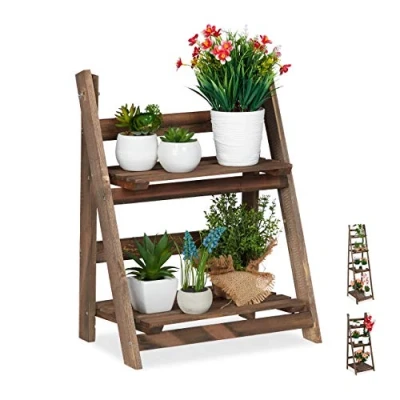 Imagen de Relaxdays Estantería Plantas de 2 Niveles, Madera, Marrón Oscuro, 51,5 x 41 24 cm