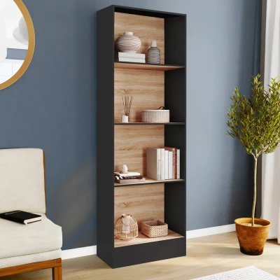 Imagen de Etagère bibliothèque 5 niveaux noir et effet bois H.190cm