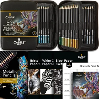 Imagen de Castle Art Supplies Estuche 48 Lápices Colores Metálicos con Accesorios Minas de Cera Sombras Brillantes para Profesionales, Artistas, Ilustradores Resistente Portátil Cremallera
