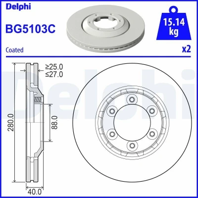 Imagen de DELPHI BG5103C Disco de freno 280 27 6 ventilado revestido sin procesar cojinete rueda, anillo sensor ABS