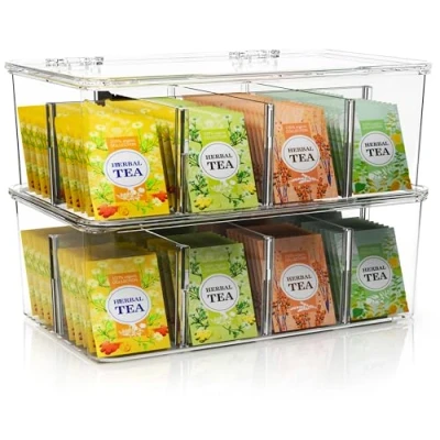 Imagen de KICHLY Caja de te infusiones, Pack 2 Acrílica 16 Secciones Para Té, Café, Especias, Encimeras Cocina, Armarios, Despensa (Transparente)