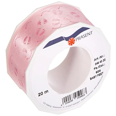 Imagen de C.E. Pattberg GmbH &amp; Co. KG Präsent Rollo de lazo (doble cara, satinado, 40 mm x 20 m), diseño pies bebé, color rosa