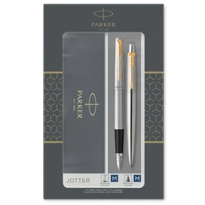 Imagen de Parker Jotter set de regalo doble con bolígrafo y pluma estilográfica, acero inoxidable adorno dorado, cartuchos recambio tinta azul, estuche