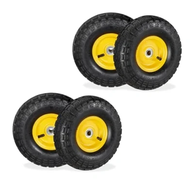 Imagen de Relaxdays 4 Ruedas de Carro, 4.10/3.50 4, Neumáticas, Eje 16 mm, 136 kg, Llantas Acero, 260 x 85 Negro y Amarillo, Caucho