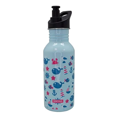 Imagen de NERTHUS FIH 806 Botellín de agua infantil a prueba fugas, Botella para niños con Dibujos Marinos color AZUL, 500 ml