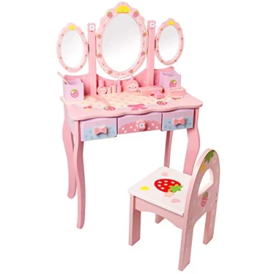 Imagen de CCLIFE Tocador Infantil de Madera para niñas con Taburete Espejo, Juego Mesa Maquillaje, cajón Madera, Color Rosa y Blanco