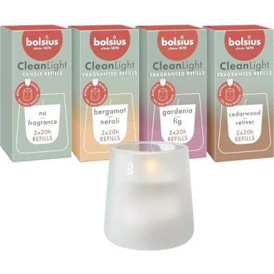 Imagen de Bolsius CleanLight Starter Set Vela perfumada recargable Soporte y 9 recambios Múltiples fragancias Blanco Tiempo de combustión 20 horas Cera vegetal natural Concepto sostenible