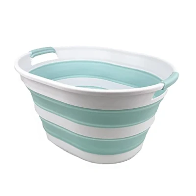 Imagen de SAMMART Cesto de plástico plegable 23 l para la colada ovalada contenedor almacenamiento / organizador Lavabo portátil ropa ahorro espacio (1, blanco/verde mar)
