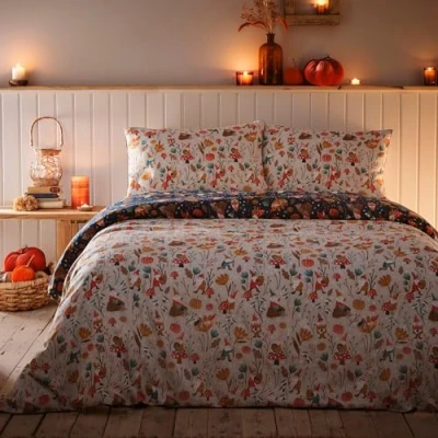 Imagen de Fusion Funda Nórdica Autumn Gonks 140 x 200 cm Reversible (2 Colores) 1x de Almohada Ropa Cama Woodland en Natural y Azul Marino Setas Calabazas