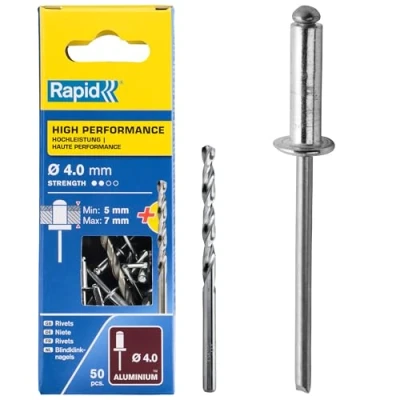 Imagen de Rapid Remaches de Aluminio Gran Resistencia, Ø4 x 10 mm para Guardabarros, Cubiertas Metal y Plástico, Señalización más Incluye Taladro 50 Unids., Embalaje Cartón (5001459)